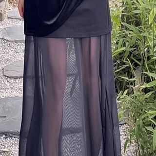 Essere-High Waist Midi A-Line Mesh Skirt