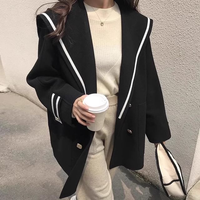 Janerium - Sailor Collar Contrast Trim Double-Breasted Coat | YesStyle