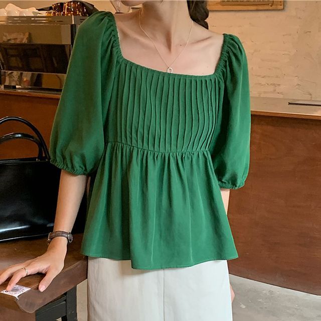 Everose-Elbow-Sleeve Square Neck Plain Blouse