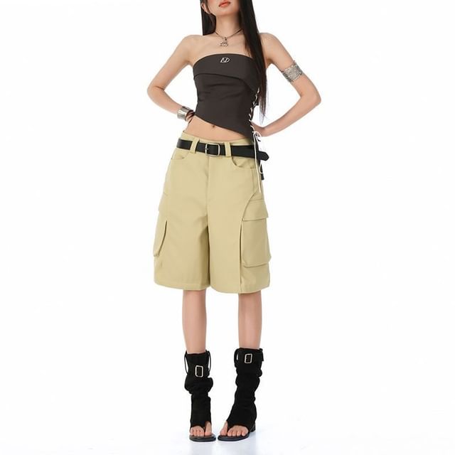 Denimot-Mid Rise Plain Bermuda Cargo Shorts