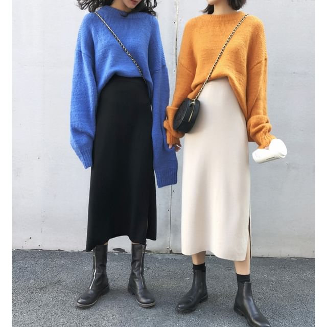 Akino - Slit Midi Knit Pencil Skirt