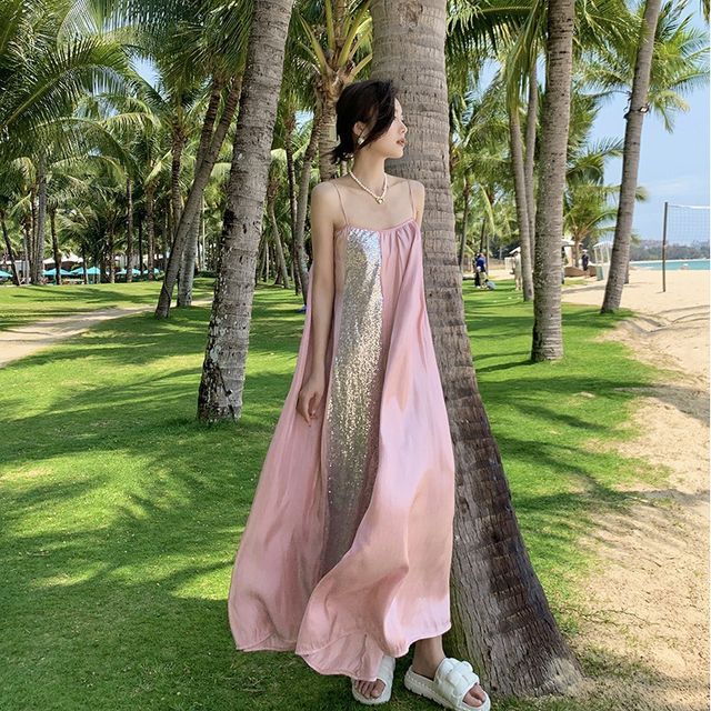 Maine - Spaghetti Strap Glitter Panel Maxi A-Line Dress | YesStyle