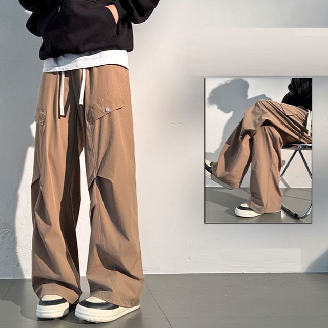 Lefitt-Drawstring Waist Plain Wide Leg Pants