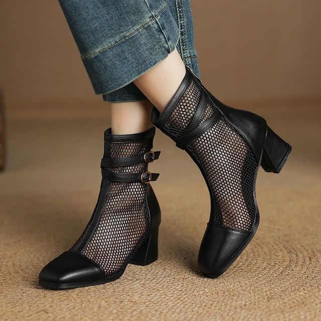 Cinnabelle-Chunky Heel Square Toe Mesh Panel Buckled Short Boots