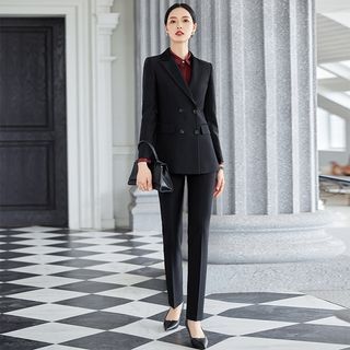 Lapel Collar Double Breasted Blazer / High Waist Dress Pants / Set