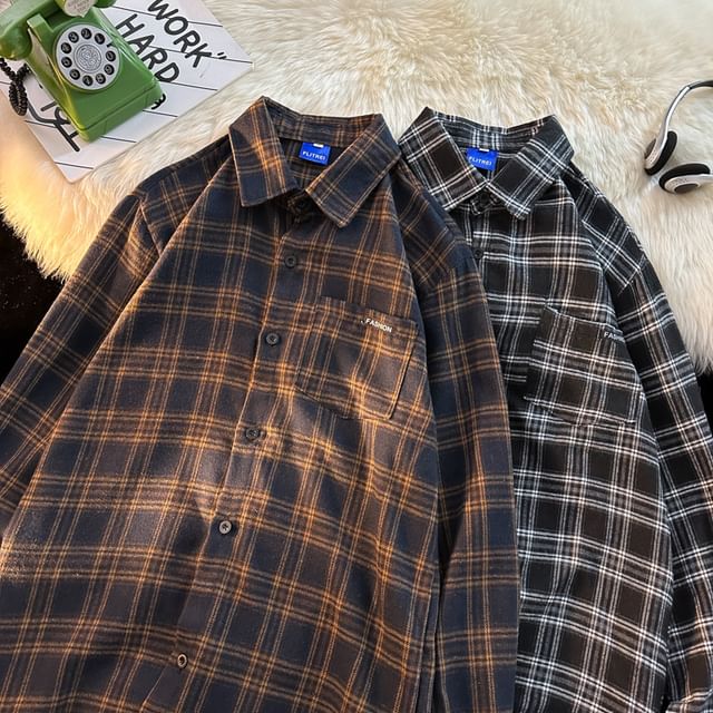 Plummie-Long Sleeve Lapel Plaid Loose Shirt