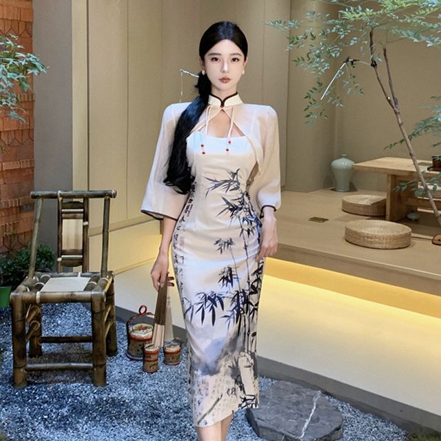 YEYCAT - Set: Spaghetti Strap Patterned Print Slit Midi