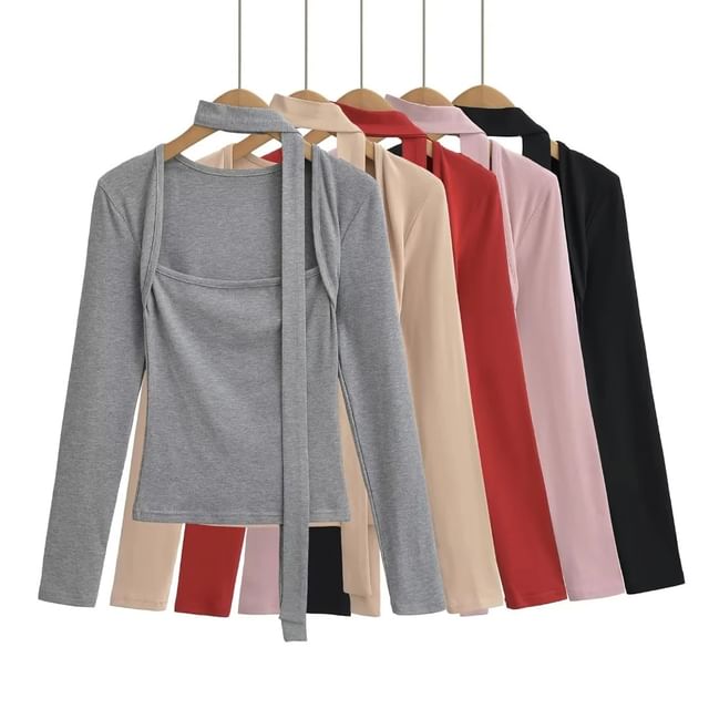 Asiris-Long Sleeve Square Neck Plain Crop T-Shirt