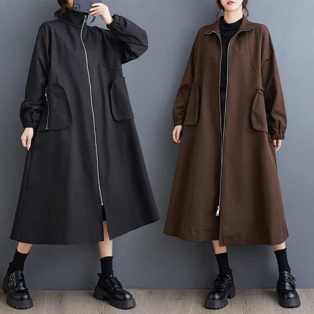 Lewwe-Stand Collar Plain Zip-Up Long Trench Coat