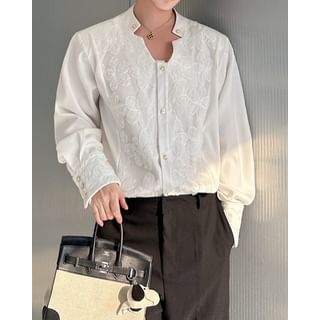 Omozando-Long-Sleeve Collarless Button-Up Shirt