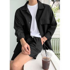 JOGUNSHOP - Flap-Pocket Linen Blend Oversized Shirt JOGUNSHOP - Flap-Pocket Linen Blend Oversized Shirt