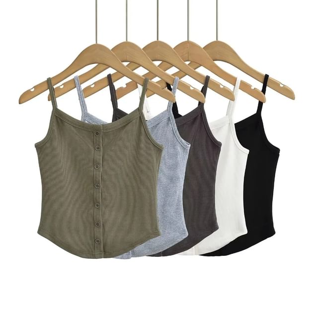 Asiris-Plain Button-Up Slim-Fit Crop Cami Top