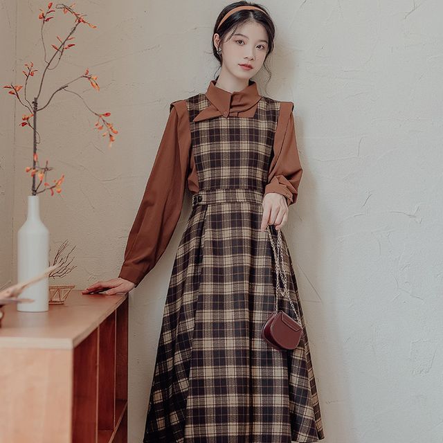 Set: Plain Blouse + Plaid Midi A-Line Overall Dress
