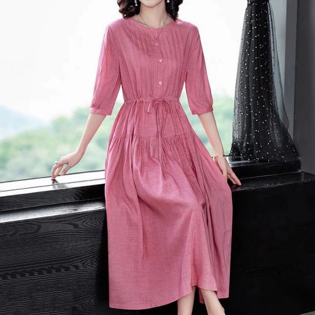 Inchioh-Elbow-Sleeve Drawstring Ruched Plain Dress