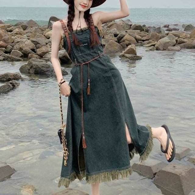 Mushini Faux Leather Strap Washed Fringe Slit Midi A-Line Denim