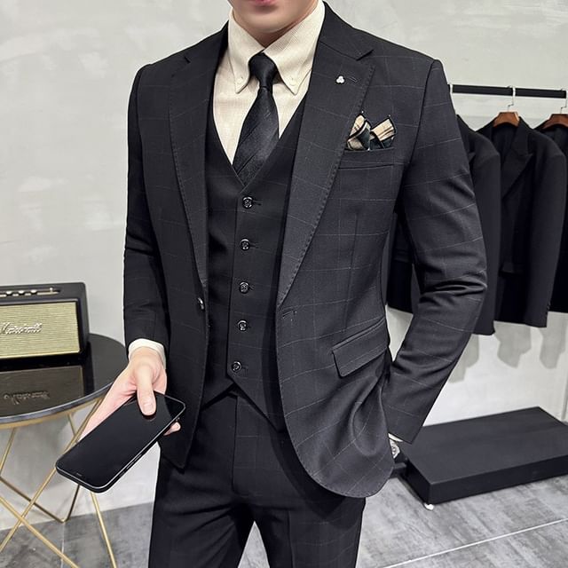 Lefitt-Set One Buttoned Plain Blazer Vest Dress Pants