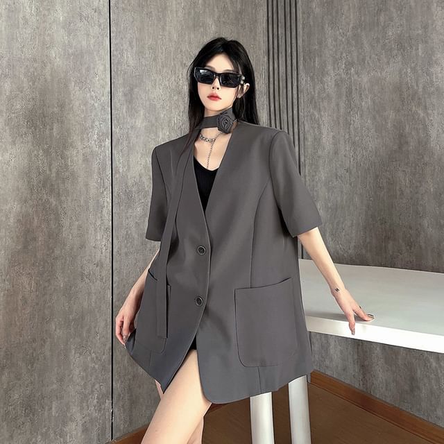 Porstina-Elbow-Sleeve Button-Up Plain Blazer