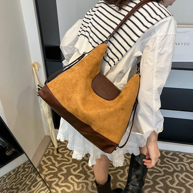 Indenis-Faux Leather Panel Crossbody Bag