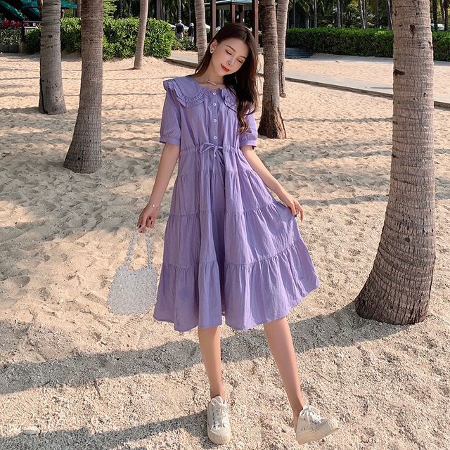 PINPI Short-Sleeve Collared Loose Fit Dress Purple M