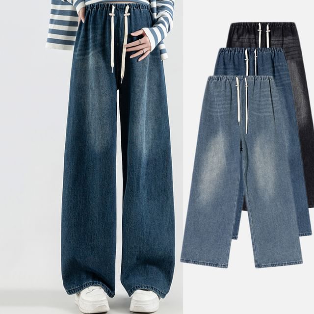 NEUF-Maternity Drawstring Waist Washed Wide Leg Jeans