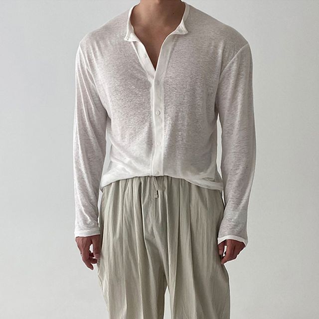 Okwano-Long-Sleeve Collared Button-Up Plain Knit Top