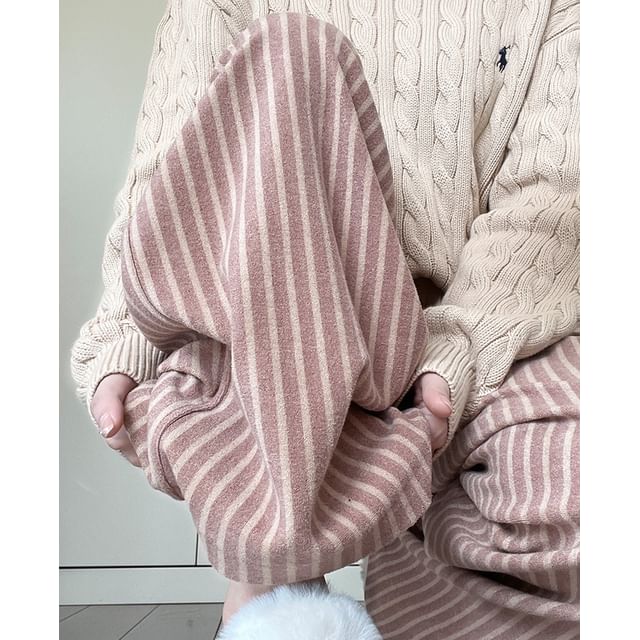 evanesce-Stripe High Waist Drawstring Pocketed Wide Leg Pants