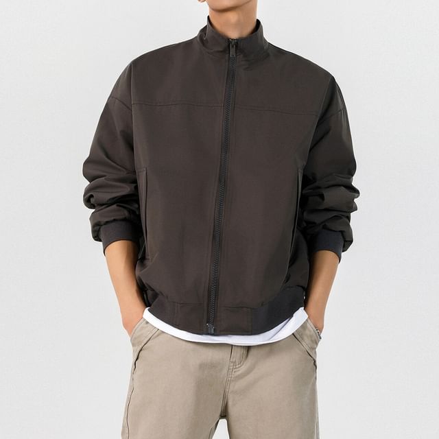 Omozando-Stand Collar Plain Zip Jacket