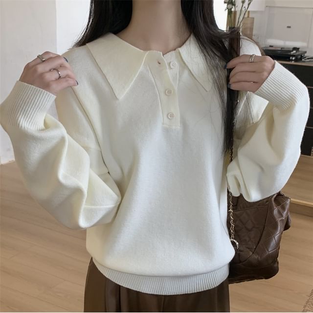Porstina-Polo Collar Plain Oversized Sweater