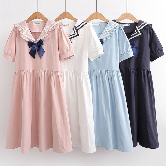 Kawaii Fairyland - Short Sleeve Sailor Collar A-Line Dress | YesStyle