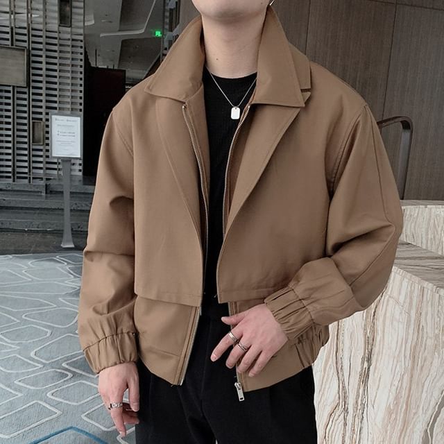 Macho-Collared Mock Two-Piece Plain Zip-Up Jacket