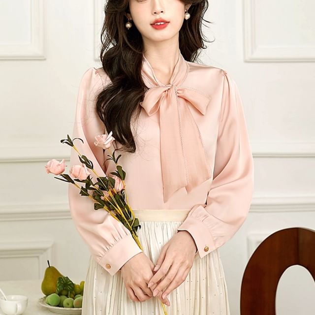 Dragan Pulse-Long Sleeve Tie Neck Plain Satin Blouse