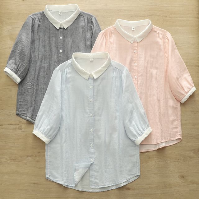 Suzette-34-Sleeve Collared Contrast Trim Button-Up Blouse