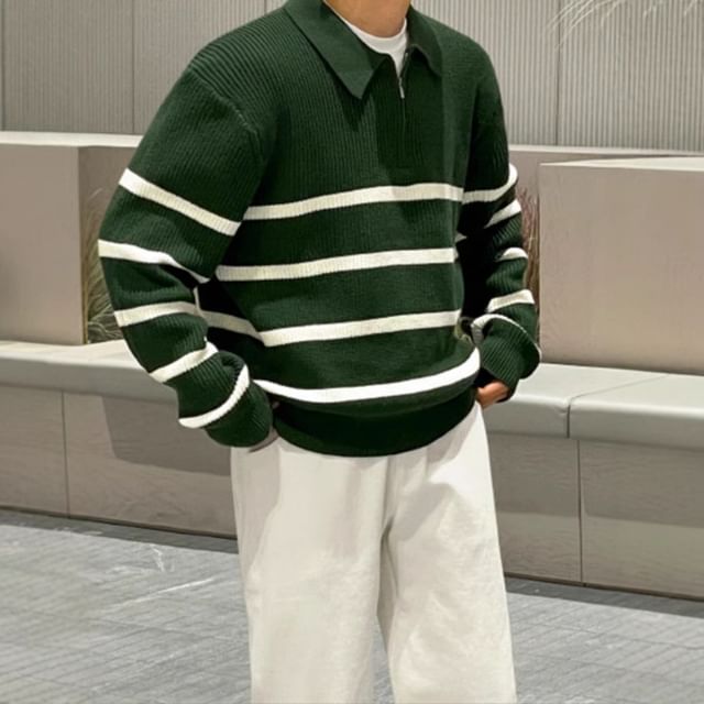 Omozando-Collar Striped Ribbed Sweater