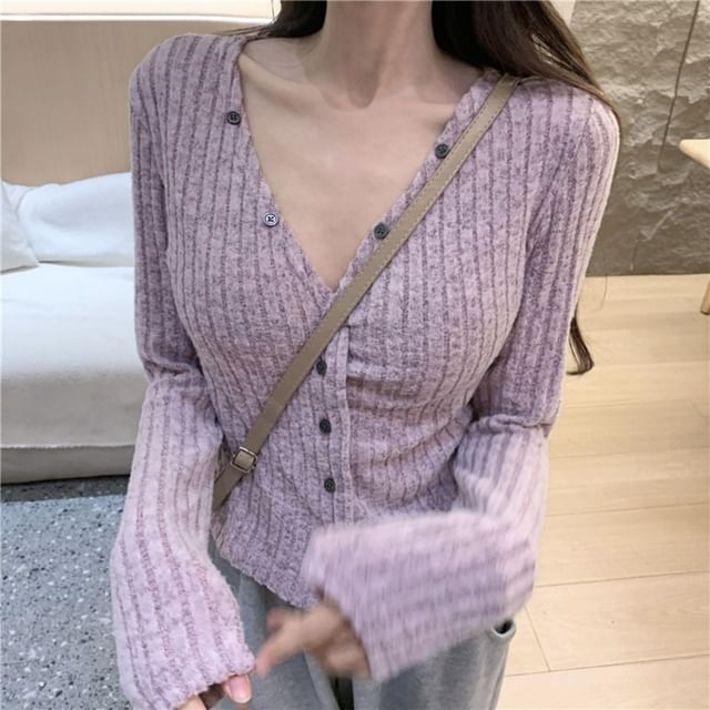 Yako-V-Neck Button-Up Plain Cardigan