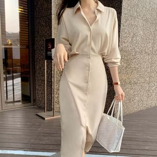 Coris Long-Sleeve Collared Plain Midi A-Line Shirt Dress Sale