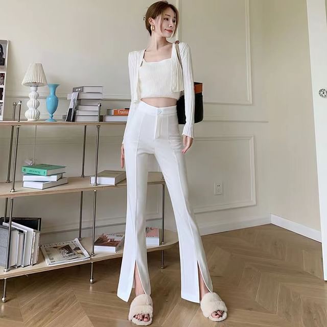Everose-High Waist Slit Hem Bootcut Slacks