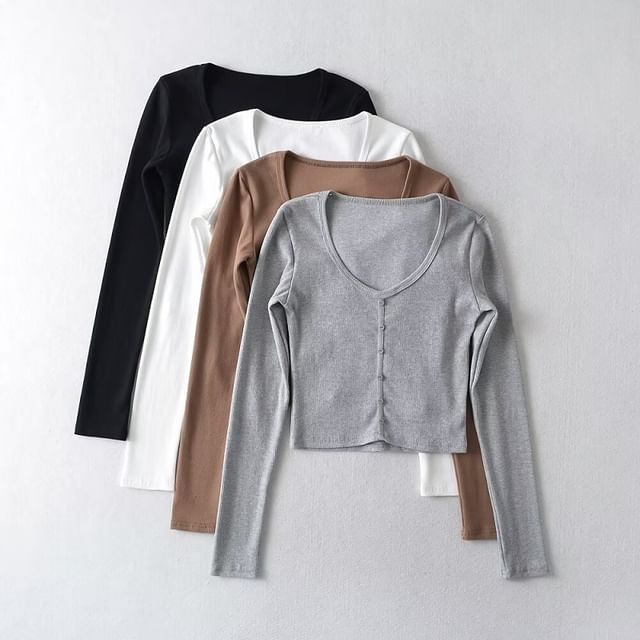 Hollahop-Long-Sleeve Scoop Neck Button-Up Plain Crop Top