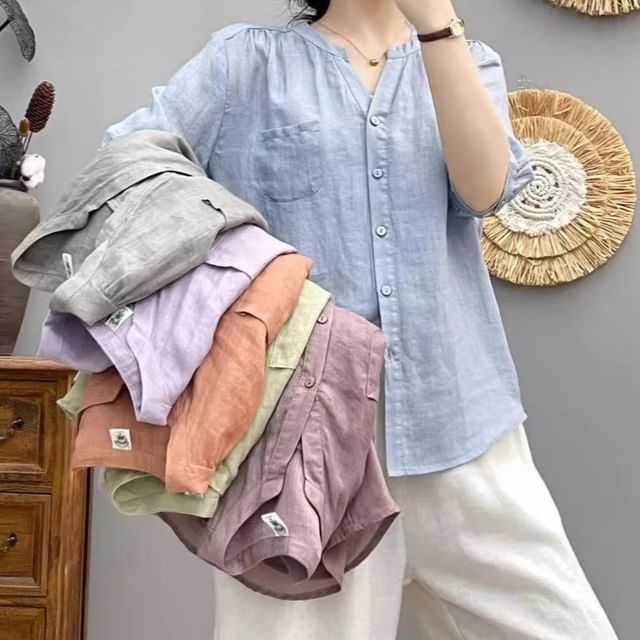 PANDAGO-Elbow-Sleeve Notch Neck Plain Shirt