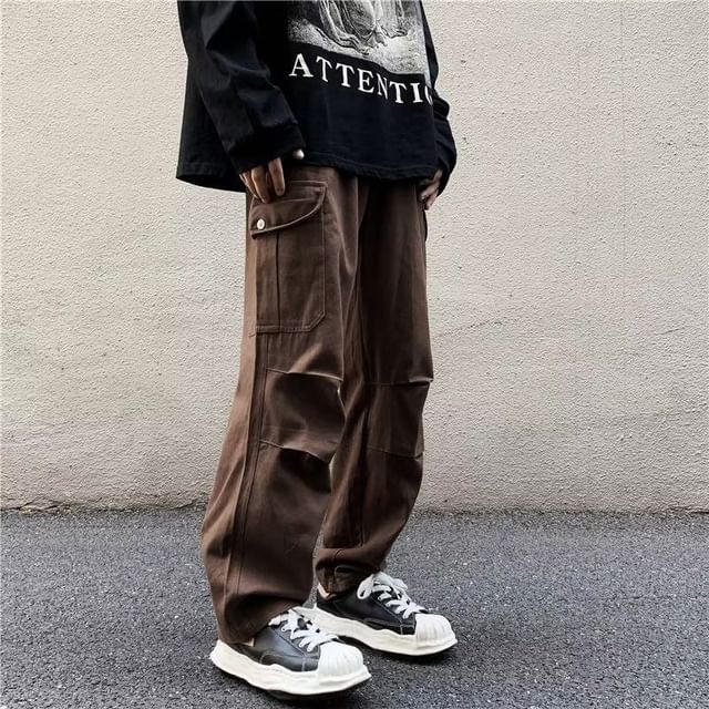 Cowpow-Mid Rise Plain Wide Leg Cargo Pants