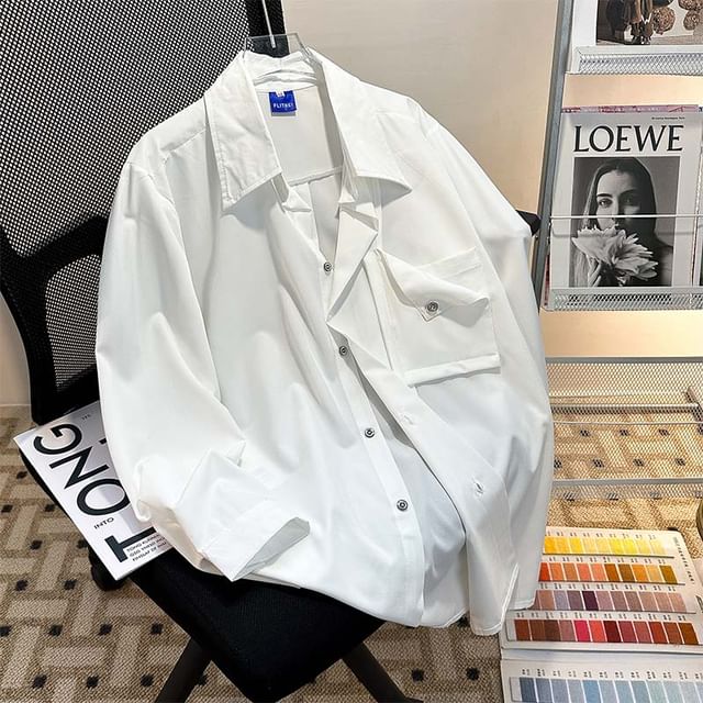 Whyessa-Long-Sleeve Plain Button-Up Shirt