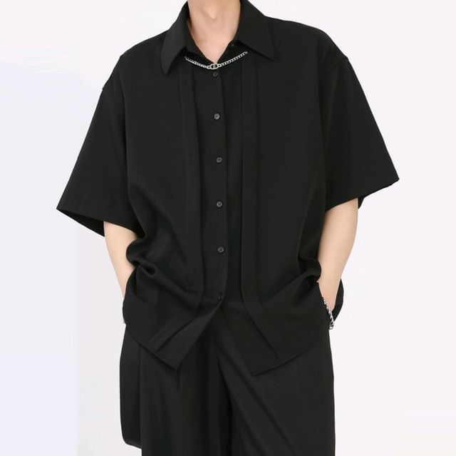 GRAYCIOUS-Elbow-Sleeve Chained Button-Up Plain Shirt