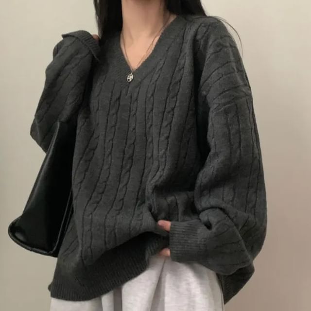 PINPI-V-Neck Plain Cable-Knit Oversized Sweater