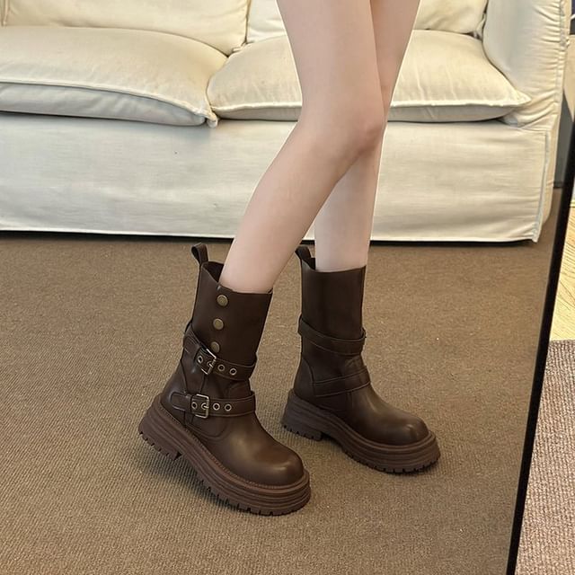 Vindler-Platform Plain Buckled Faux Leather Short Boots