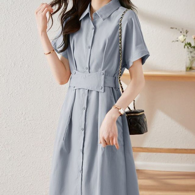 Aurora - Short-Sleeve Collared Plain Belted A-Line Shirt Dress | YesStyle