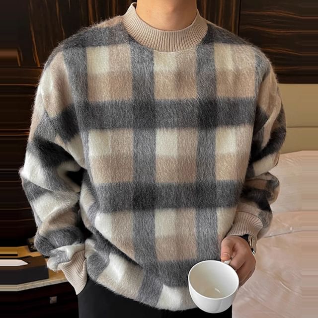 Omozando-Crew Neck Plaid Sweater
