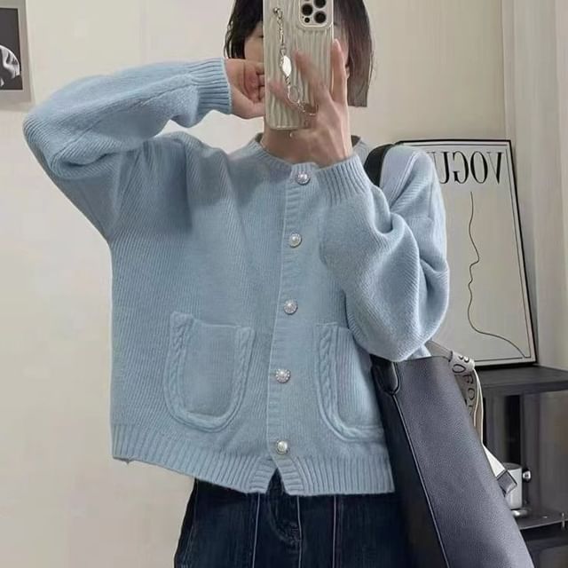 FR-Round Neck Plain Pocket Detail Cardigan