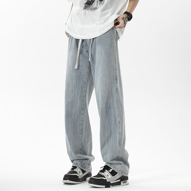 POSI-Drawstring Waist Washed Straight Leg Jeans