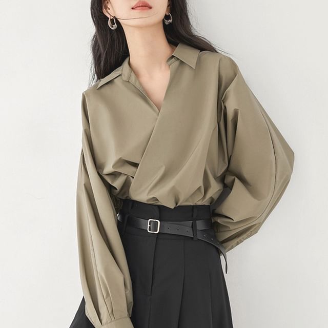 Omibayo-Long-Sleeve V-Neck Plain Wrapped Blouse