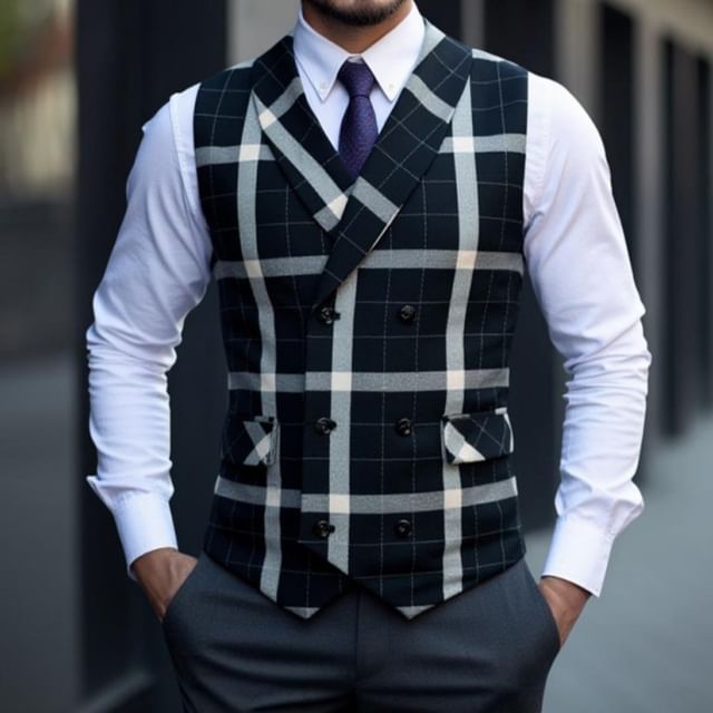 Lefitt-Shawl Collar Plaid Double-Breasted Vest