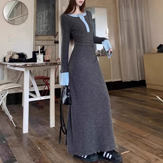 Trendycas - Long Sleeve Henley Two Tone Ribbed Knit Maxi A-Line Dress |  YesStyle